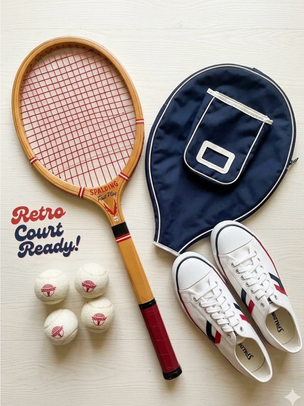 Spalding Retro Wooden Tennis Racket with Navy Cover - White/Red Accents